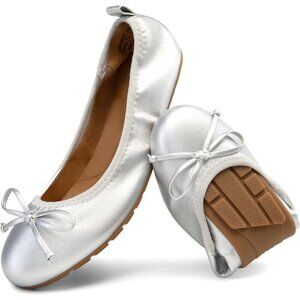 Dream Pairs Women Silver Faux Leather Round Toe Bowknot Foldable Ballerine Shoes